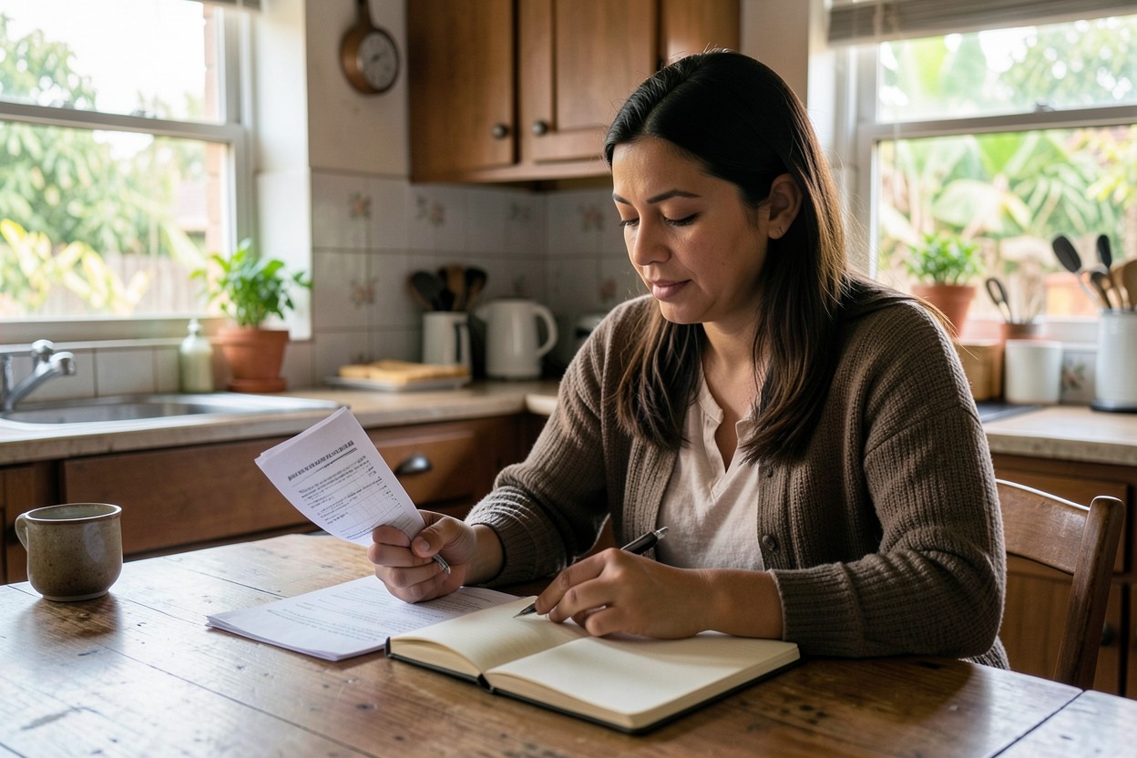 Una persona ordena sus documentos en casa antes de hacer una consulta